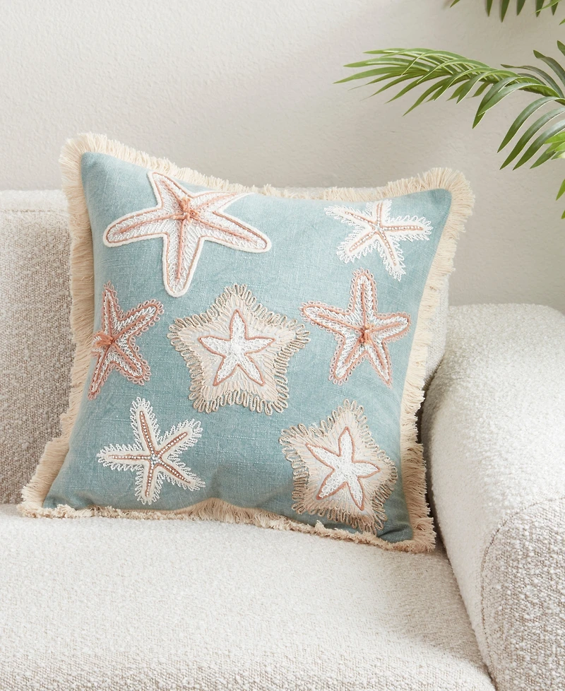 Saro Lifestyle Embroidered Starfish Fringe Decorative Pillow, 18" x 18"
