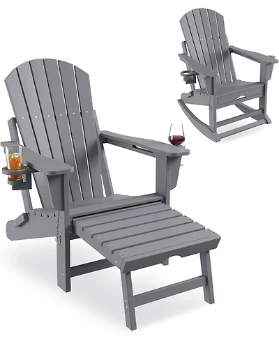 gaomon Folding Adirondack Rocking Chair with Retractable Ottoman and Cup Holders, Hdpe All-Weather Outdoor Chair for Porch
