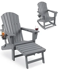 gaomon Folding Adirondack Rocking Chair with Retractable Ottoman and Cup Holders, Hdpe All-Weather Outdoor Chair for Porch