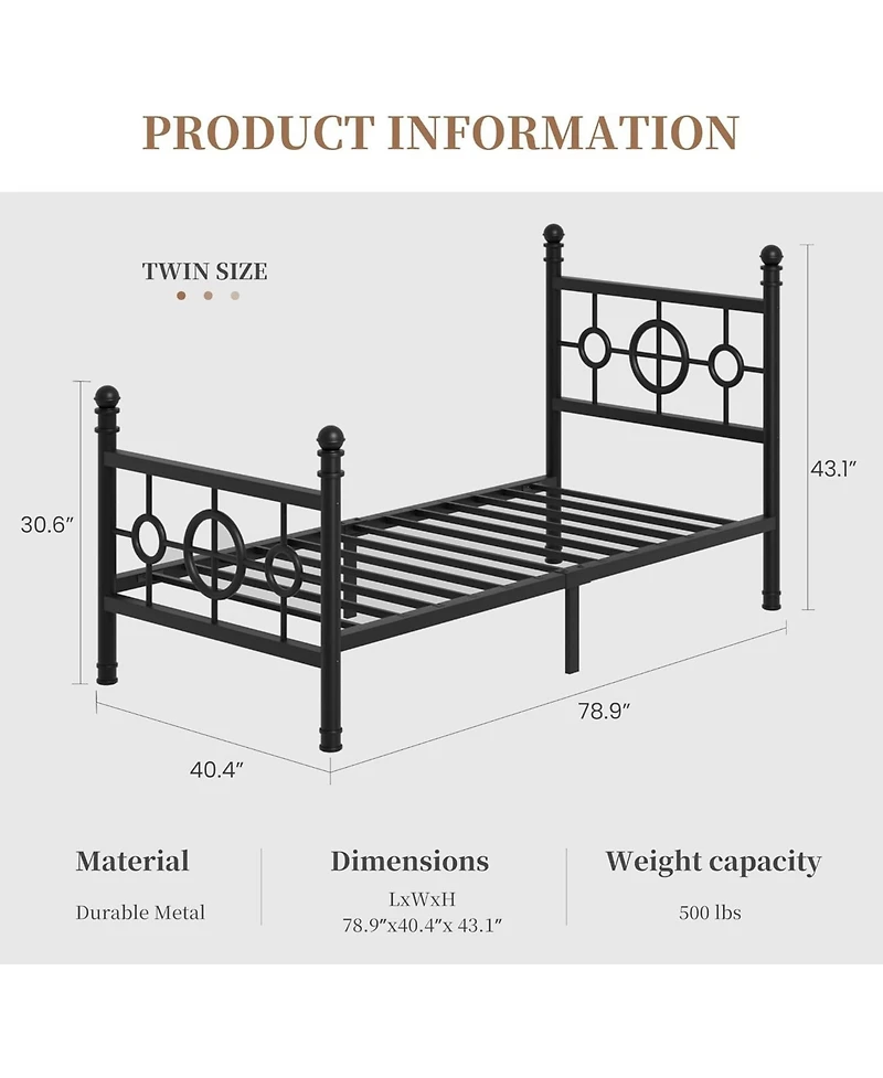 gaomon Metal Bed Frame with Vintage Circular Headboard and Footboard, Heavy-Duty Iron Platform Bed, No Box Spring Needed, Noise-Free Design