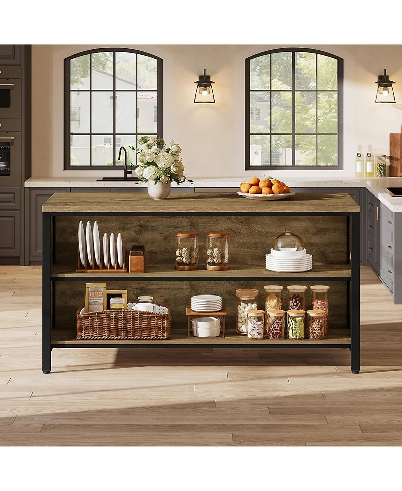 Tribesigns 62.99" Kitchen Island with Storage and Seating - Farmhouse Stationary Island Table, Large Countertop and Sturdy Metal Frame