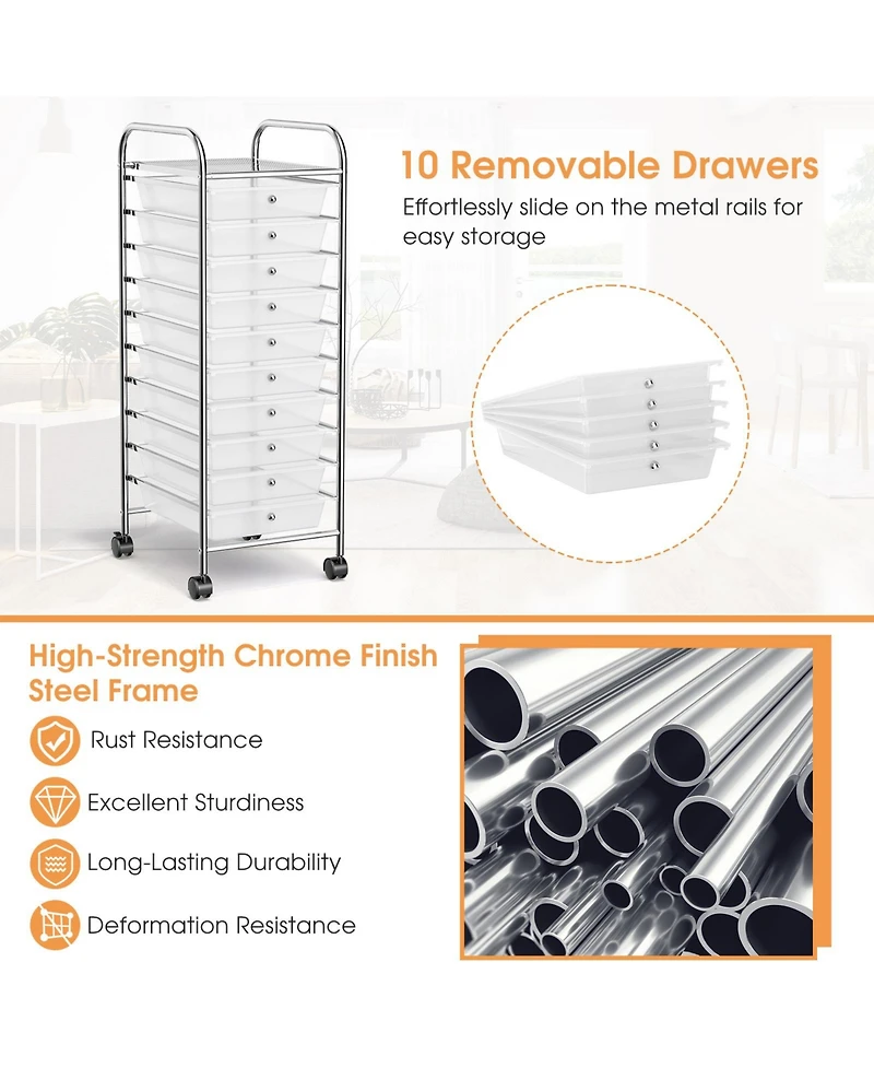 Sugift Ten Drawer Rolling Storage Cart Organizer with Universal Casters