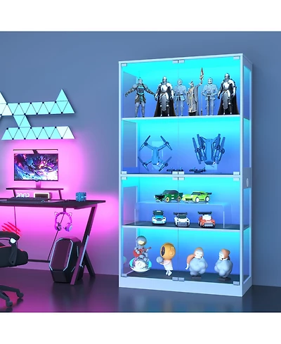 gaomon Glass Display Cabinet 4-Tier, Curio Cabinets with Doors, Storage 3 Color Lights, Human Body Sensor & Charging Ports