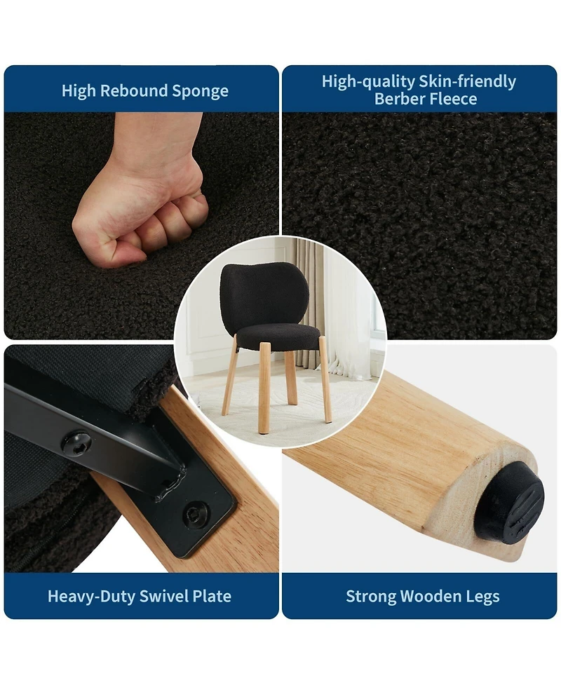 gaomon 1Piece Heart-Back Teddy Vanity Chair, Armless Small-Space Seating, 300 lb Capacity, Fits Under 24" Desks