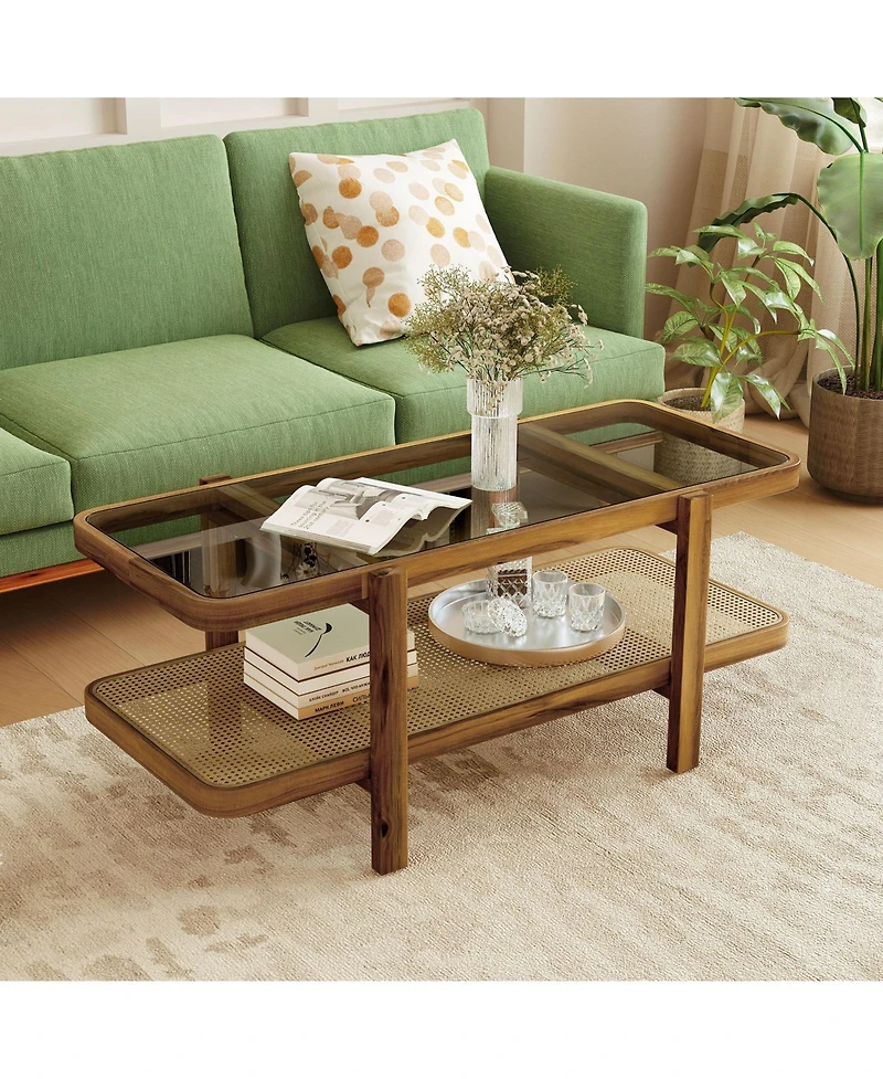 Sugift Two Tier Coffee Table with Storage and Glass Top