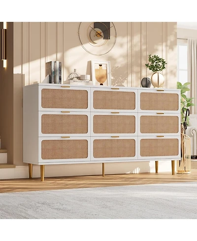 gaomon Rattan 9 Drawer Dresser Tall Modern Closet Deep Storage for Bedroom