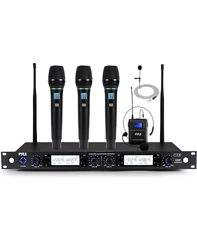 Pyle 4-Channel Wireless Microphone System with Handheld, Lavalier and Headset Mics PDWM4801