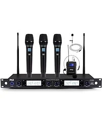 Pyle 4-Channel Wireless Microphone System with Handheld, Lavalier and Headset Mics PDWM4801