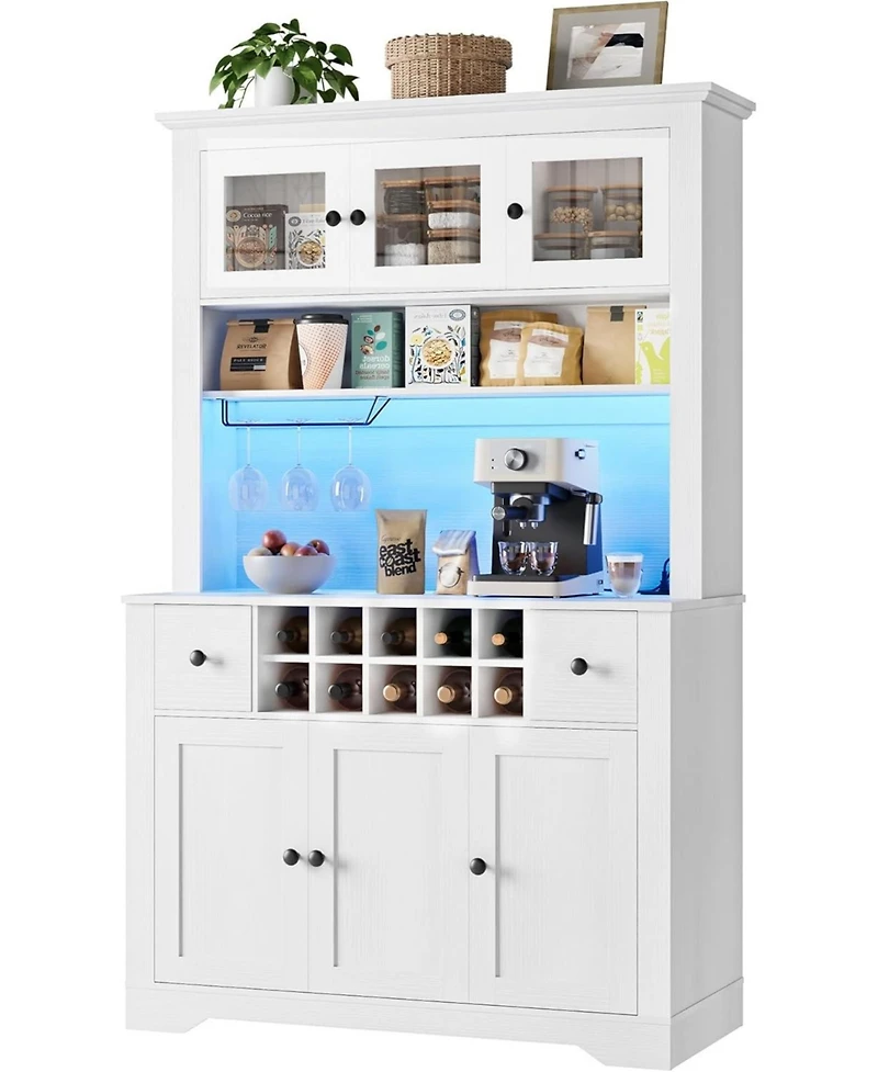 gaomon 68.7" Coffee Bar Cabinet with Led Light & Power Outlet, Farmhouse Kitchen Hutch 2 Storage Drawers, Wine Glass Rack, Adjustable Shelve
