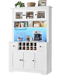 gaomon 68.7" Coffee Bar Cabinet with Led Light & Power Outlet, Farmhouse Kitchen Hutch 2 Storage Drawers, Wine Glass Rack, Adjustable Shelve