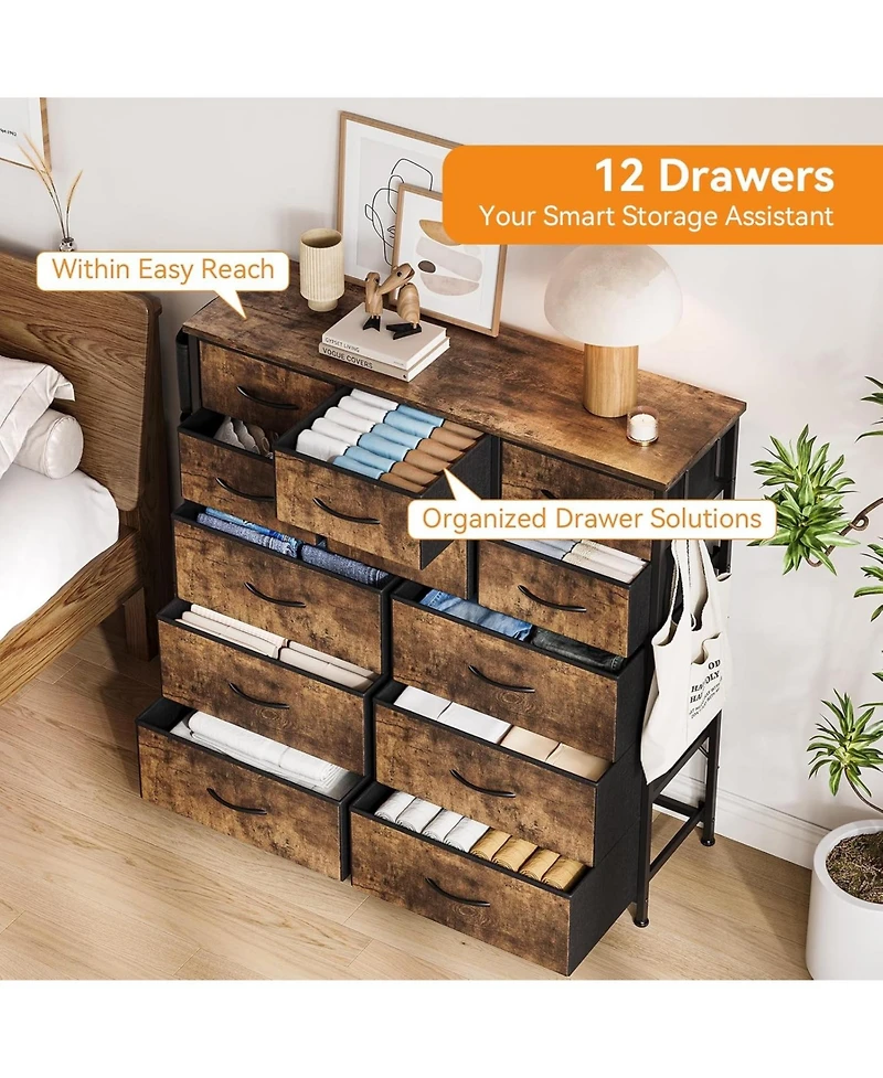 gaomon 12 Drawer Fabric Dresser with Side Pockets & Hooks Tall Storage Chest Sturdy Steel Frame, Wooden Top, Easy Pull Handles