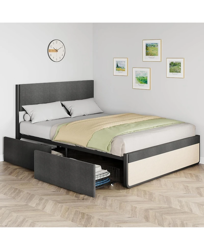 gaomon Platform Bed Frame Upholstered Headboard with 2 Large Drawers Metal Slats No Noise No Box Spring Easy Assembly