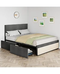 gaomon Platform Bed Frame Upholstered Headboard with 2 Large Drawers Metal Slats No Noise No Box Spring Easy Assembly