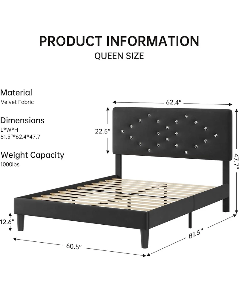 gaomon Velvet Upholstered Bed Frame with Channel Tufted Headboard Sturdy Wood Slats Platform Easy Assembly Noise Free