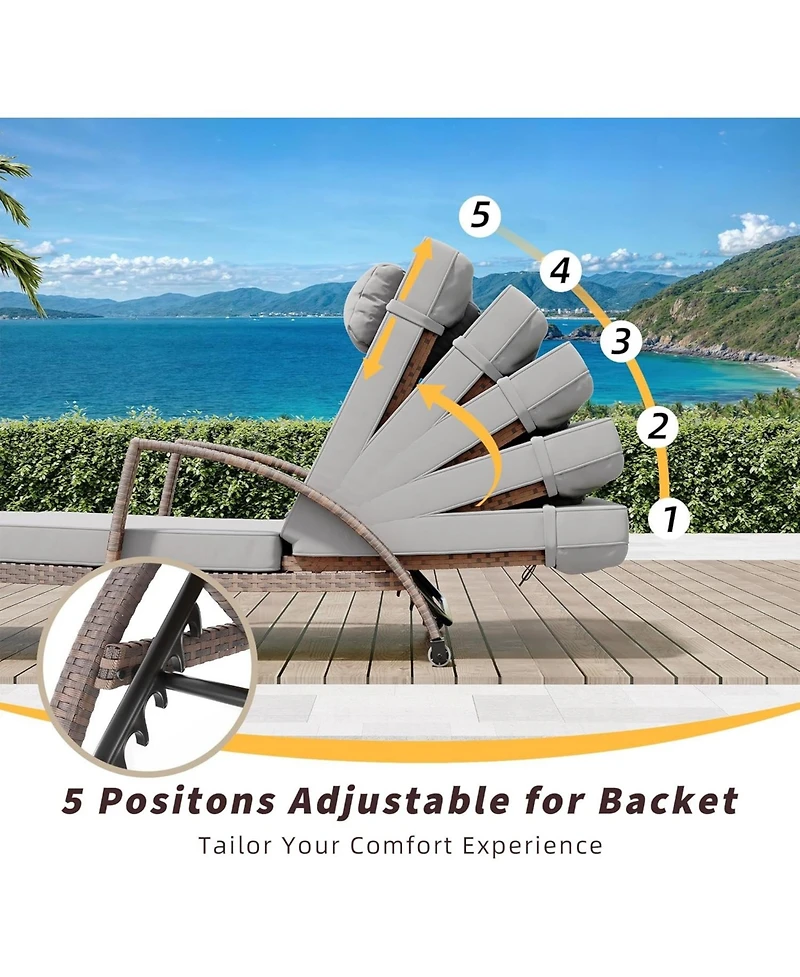 gaomon Set of 2 Outdoor Wicker Chaise Lounge Chairs with Cushions, Wheels, 5-Position Adjustable, Patio Poolside or Beach Use