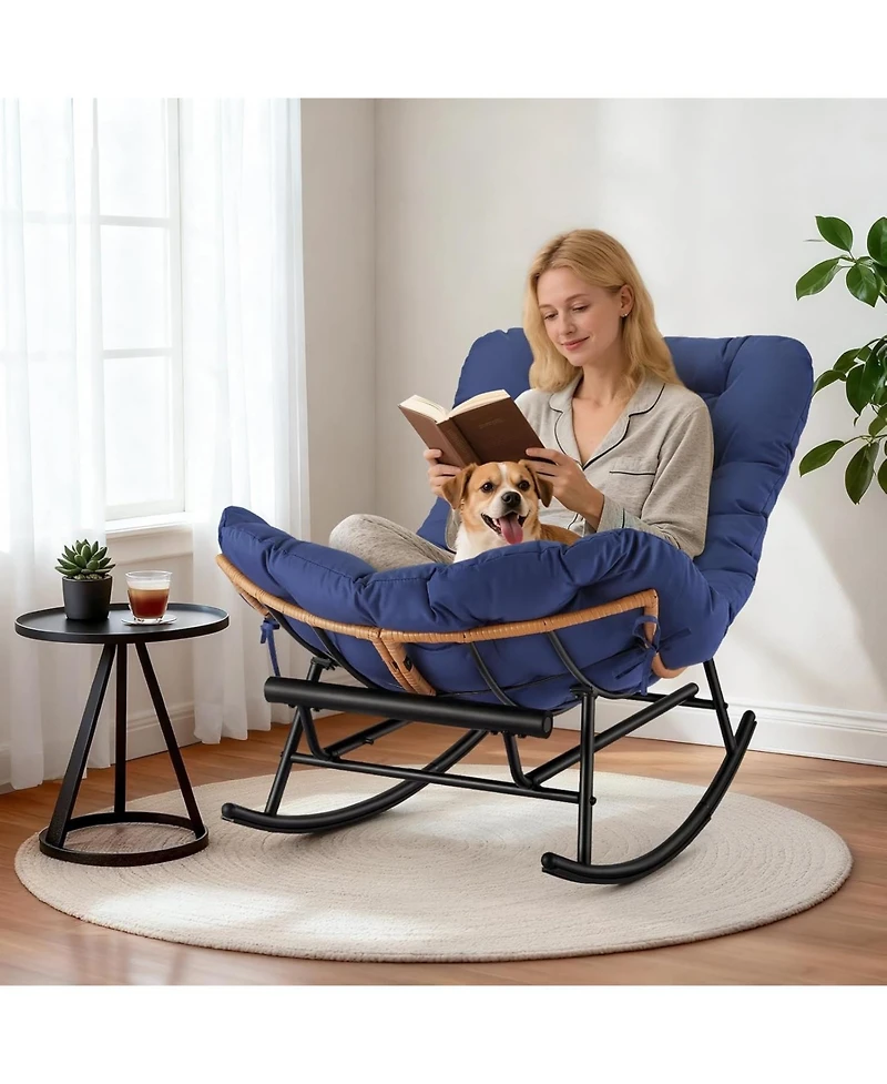 gaomon Papasan Rocking Chair with Footrest, Oversized Rattan Chair with Removable Cushion, Pe Rattan Metal Frame, Indoor/Outdoor