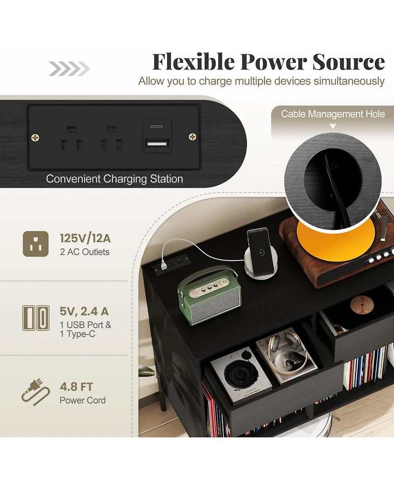 Sugift Record Player Stand with Power Outlets Double Wide Turntable Stand Vinyl Record Storage Table