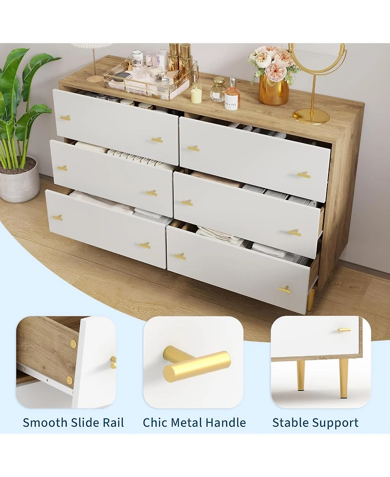 gaomon Farmhouse 6-Drawer Dresser, 47.2" Wide Rustic Wooden Chest with Bar Handles, Wide Storage Cabinet for Bedroom, Living Room, Entryway