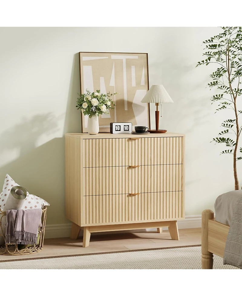 gaomon 3 Drawer Dresser, 32 in Tall Mid Century Modern Dresser Drawers, Waveform Fluted Side Table, Wood Drawer Organizer for Bedroom Living Room