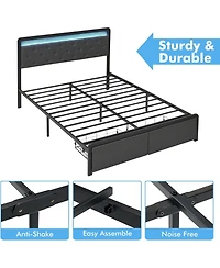 gaomon Bed Frame with Led Lights,Metal Platform Bed Frame with Button Tufted Headboard,Upholstered Bed Frame with 2 Storage Drawers,Heavy Metal