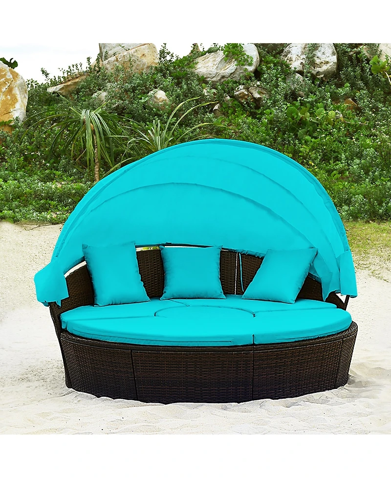 Gymax Cushioned Patio Rattan Round Daybed w/ Adjustable Table 3 Pillows