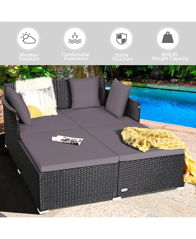 Gymax Rattan Patio Daybed Loveseat Sofa Yard Outdoor w/ Cushions Pillows