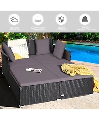 Gymax Rattan Patio Daybed Loveseat Sofa Yard Outdoor w/ Cushions Pillows