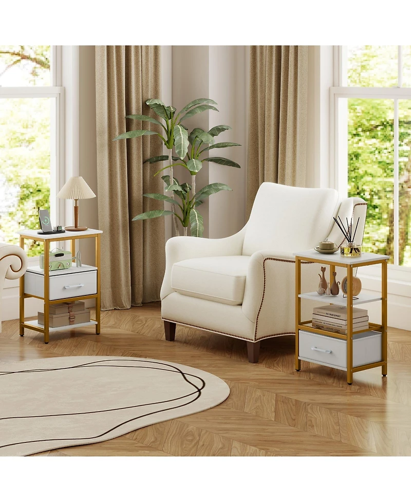 Sugift Nightstand with Charging Station and Adjustable Fabric Drawer for Bedroom and Living Room-Set of 2