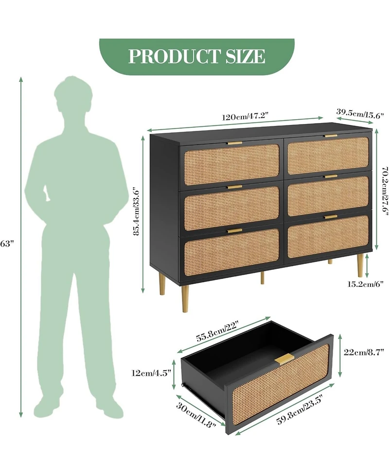 gaomon Rattan 6 Drawer Dresser Deep Storage Wide Top for Bedroom and Kids Room