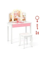 Sugift 2-in-1 Kids Vanity Table Set with Tri-Folding Detachable Mirror and Lights