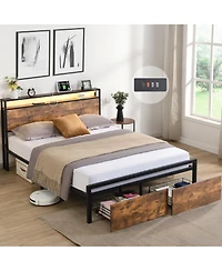 flynama Led Light Bed Frame with Storage Headboard Charging Station and Two Under Bed Drawers Metal Slat Support