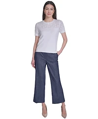 Tommy Hilfiger Women's Floral Pointelle Short-Sleeve Sweater