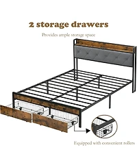 Rainsken King Size Metal Bed Frame with Storage Drawers, Charging Station, Led Lights and Upholstered Headboard, Sturdy Platform Bed for Bedroom