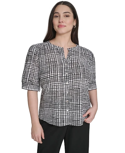 Calvin Klein Plus Printed Short-Sleeve Button-Down Blouse