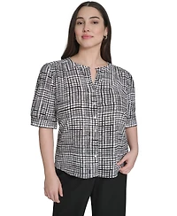 Calvin Klein Plus Printed Short-Sleeve Button-Down Blouse