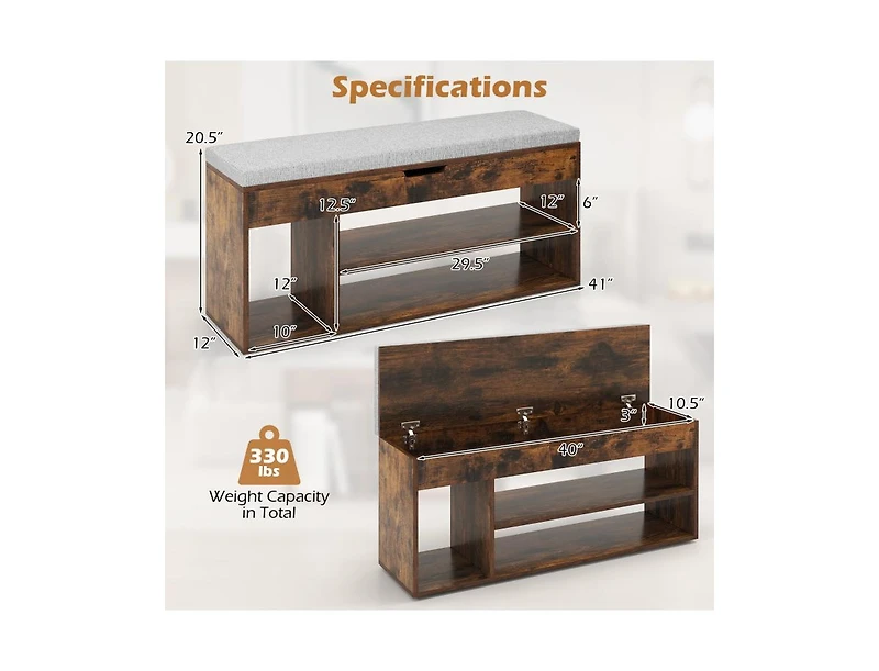 Slickblue Storage Shoe Bench with Padded Seat and 3 Open Shelves