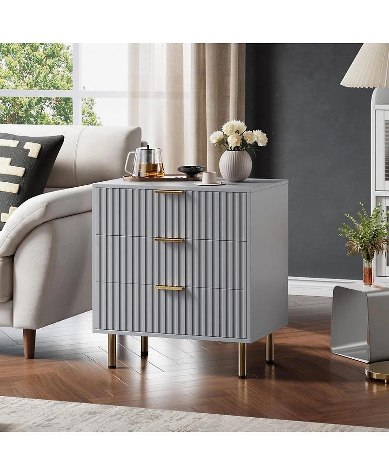 gaomon Fluted 3 Drawer Dresser Modern Nightstand with Metal Handles and Deep Drawers