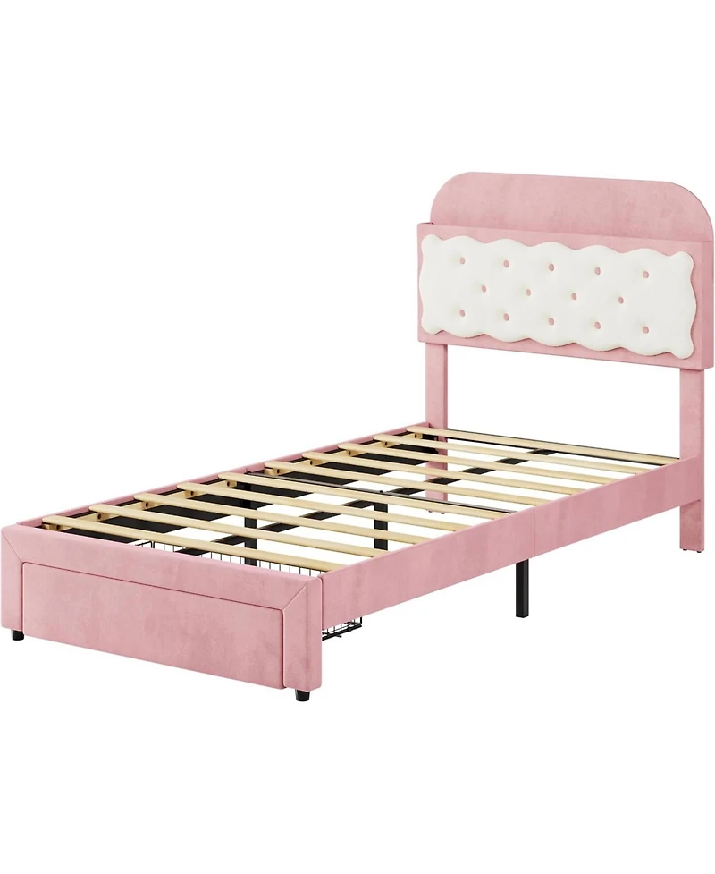 gaomon Twin Bed Frames, Velvet Upholstered Platform Bed with Biscuit Tufted Storage Headboard, Drawer, Sturdy Wood Slats, No Box Spring Needed, Easy