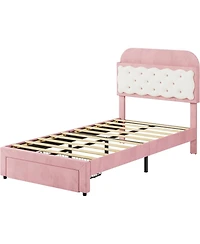 gaomon Twin Bed Frames, Velvet Upholstered Platform Bed with Biscuit Tufted Storage Headboard, Drawer, Sturdy Wood Slats, No Box Spring Needed, Easy