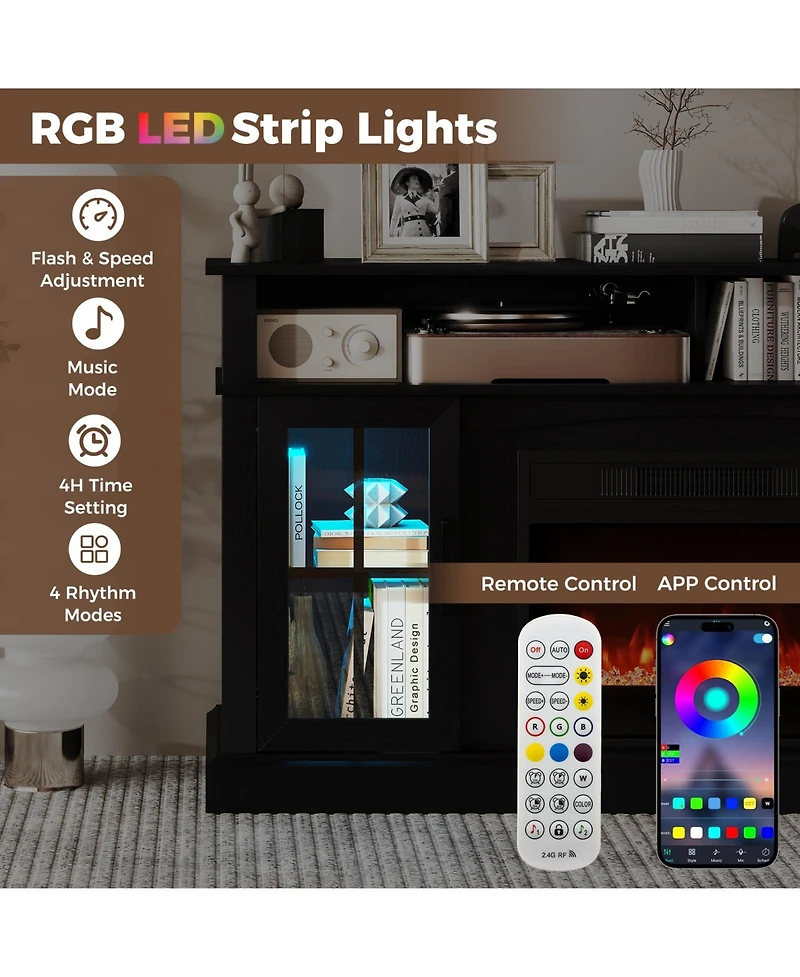 Sugift 58 in Fireplace Tv Stand with Led Lights and Glass Doors