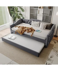 flynama Twin Size Velvet Upholstered Daybed With Trundle 2 Usb Charging Sturdy Wood Slats