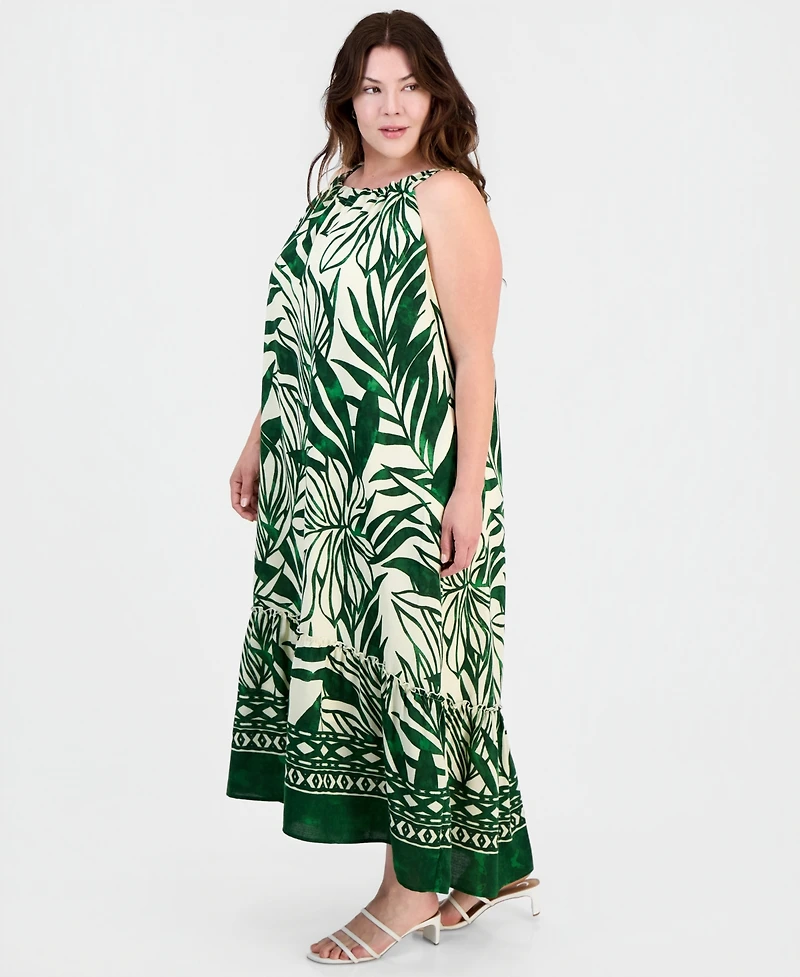 Sandra Darren Plus Sleeveless Border-Print Midi Dress