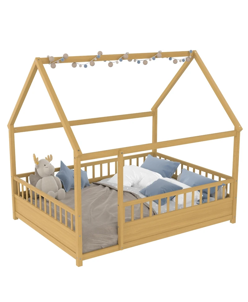flynama Wooden Floor Bed With House Roof Frame And Fence Guardrails Natural For Kids
