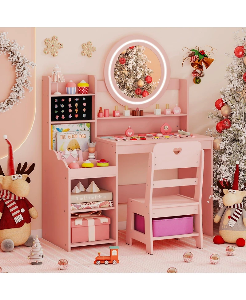 Sugift Kids Vanity Desk with Mirror and Lights Princess Pretend Play Dressing Table and Chair Set