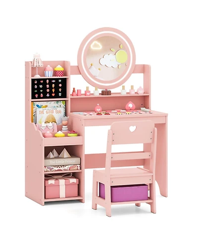 Sugift Kids Vanity Desk with Mirror and Lights Princess Pretend Play Dressing Table and Chair Set