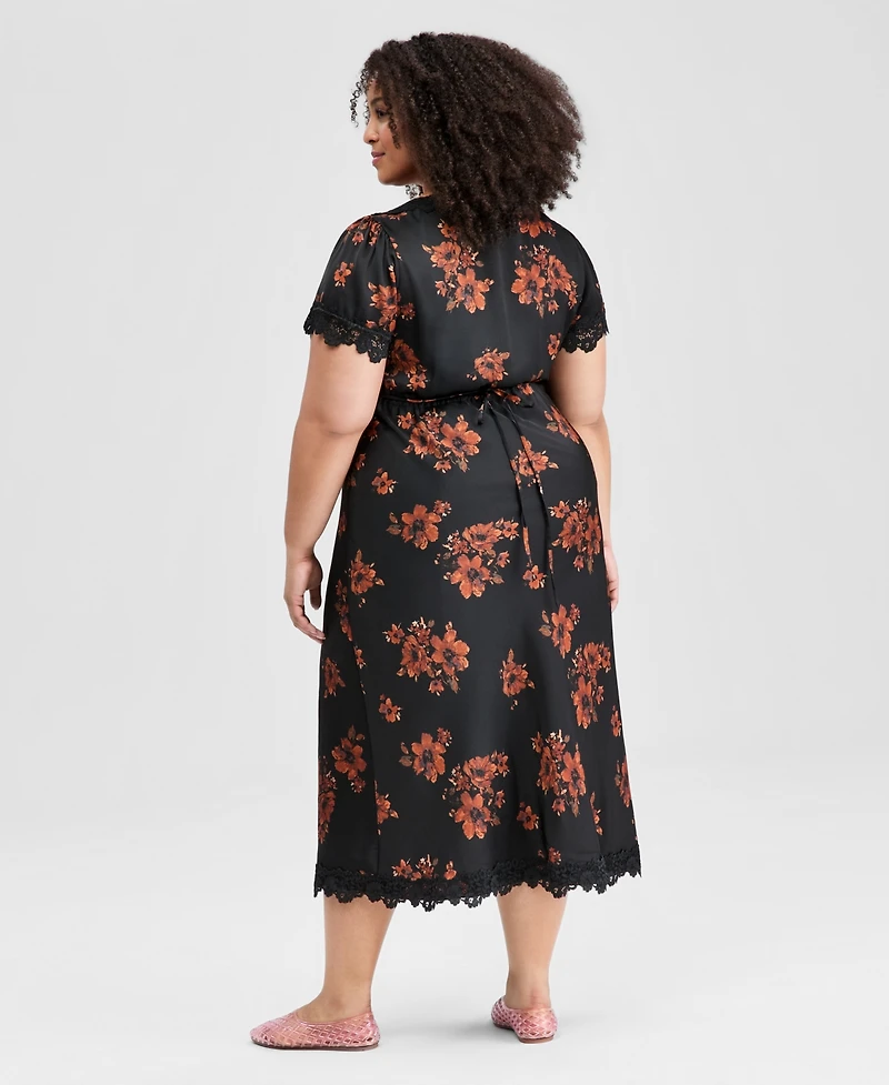 And Now This Trendy Plus Lace-Trim Floral Satin Midi Dress, Macy's Exclusive