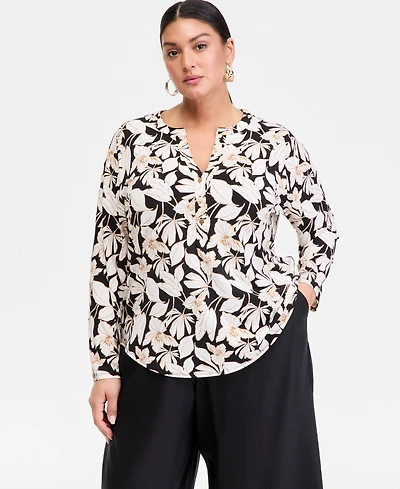 I.n.c. International Concepts Plus Printed Split-Neck Long-Sleeve Top