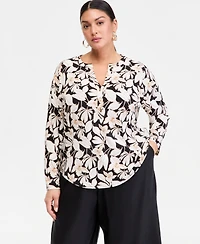 I.n.c. International Concepts Plus Printed Split-Neck Long-Sleeve Top