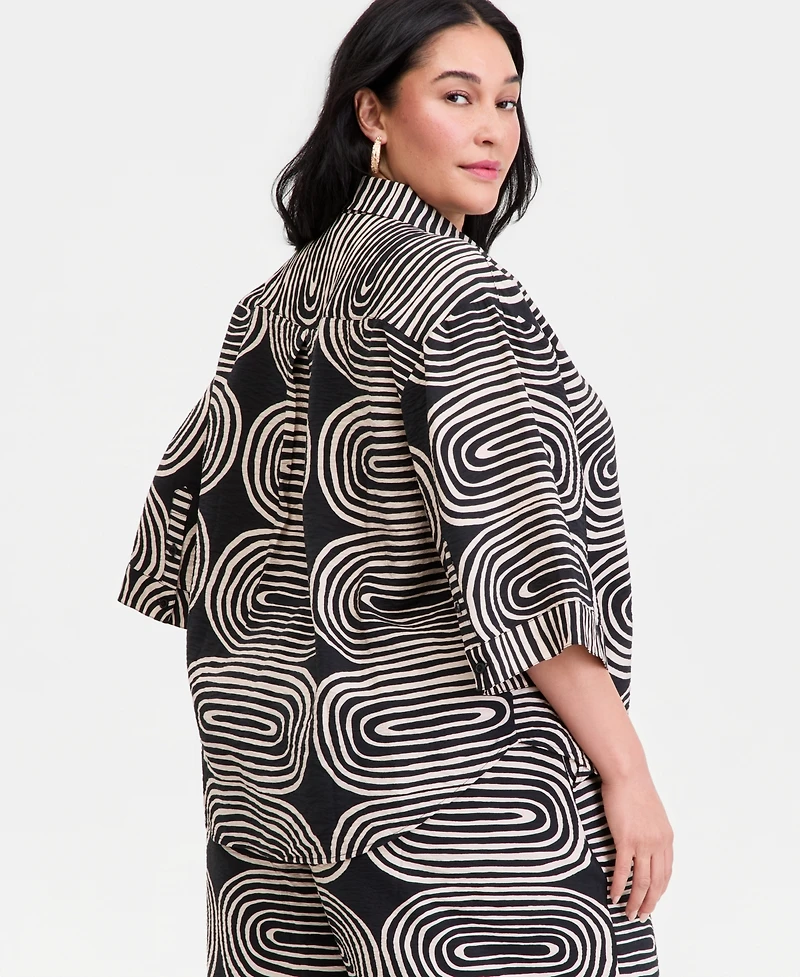 I.n.c. International Concepts Plus Printed 3/4-Sleeve Button-Front Shirt