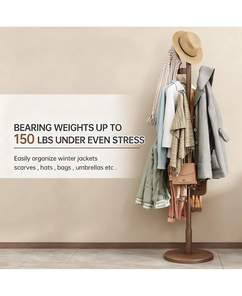 Yigii Solid Wood Cactus-Style Coat Rack, 6 Hooks, 3 Height Settings